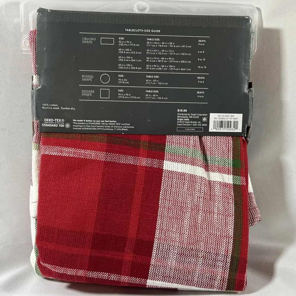Threshold Round Tablecloth 100% Cotton Red White Green Plaid Holiday Christmas
